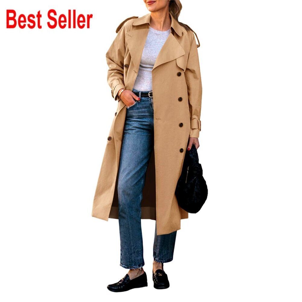 Classic Long Trench Coat Double Breasted Lapel Belted Fall Overcoat Elegant